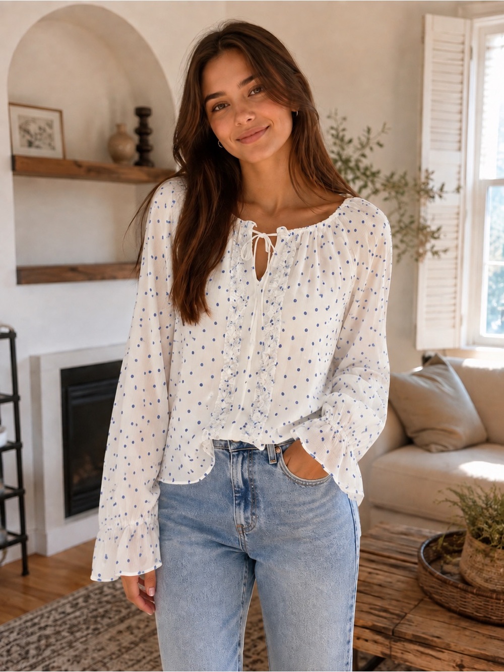 Tommy Hilfiger White Blouse with Blue Polka Dots